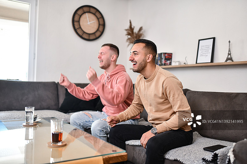 两名男子在电视上观看体育比赛欢呼图片素材