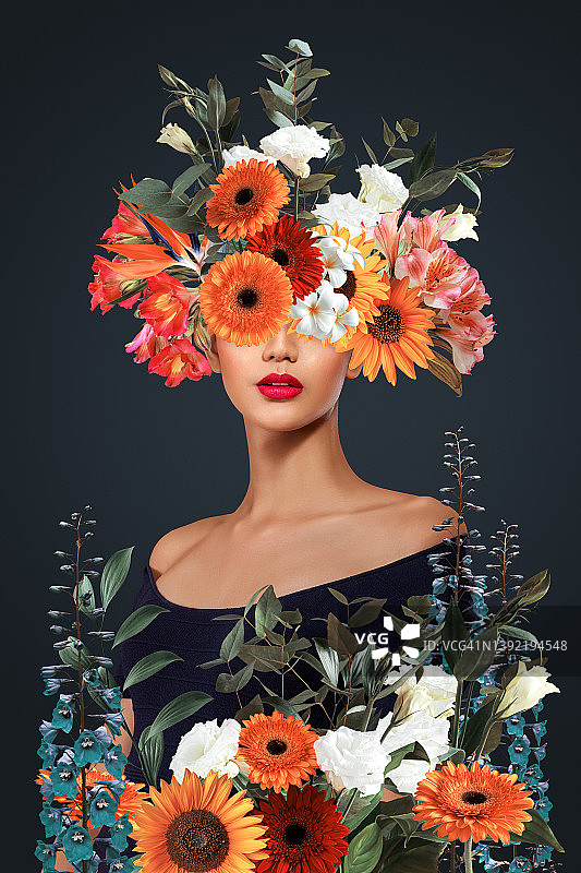 鲜花年轻女性抽象艺术拼贴图片素材