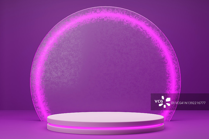 潮流白色领奖台：磨砂玻璃背景和紫色霓虹灯，产品展示图片素材