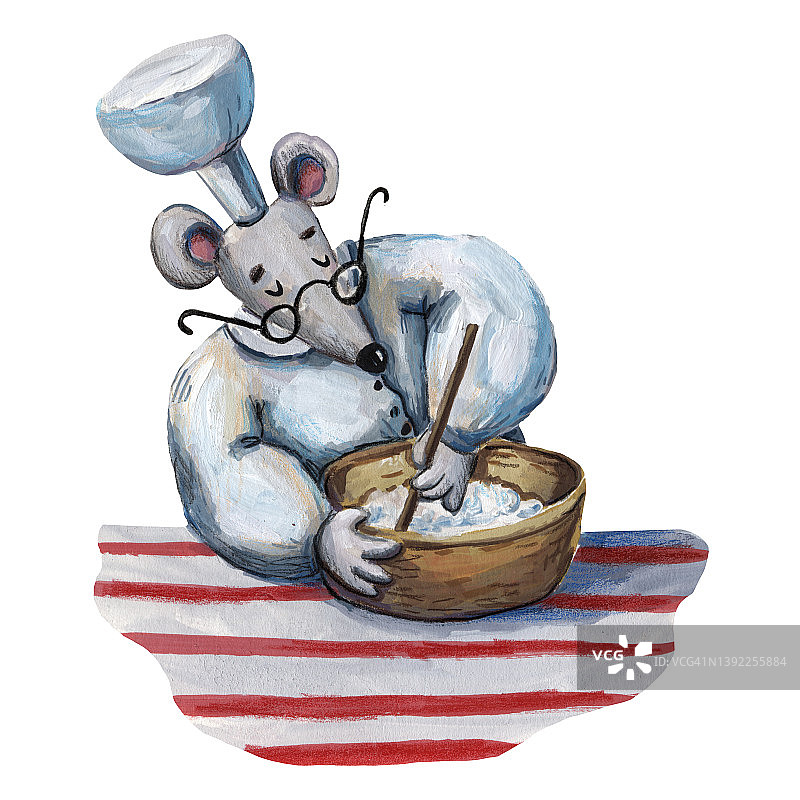 可爱的水粉画老鼠插图，老鼠厨师，厨房艺术，戴帽子的老鼠，美食插图，厨房剪贴画，有趣卡通风格手绘艺术，戴着厨师帽的老鼠，餐厅行业图片素材