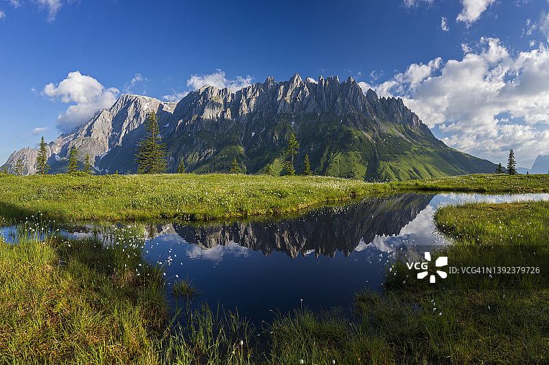 阿尔卑斯山宁静的夏季湖泊风光图片素材