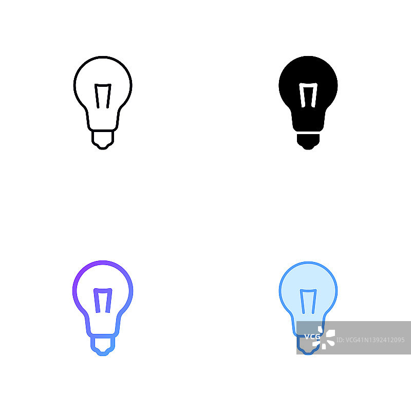可编辑笔触的四种风格灯泡图标设计：线条、纯色、扁平线条和彩色渐变线条，适用于网页、移动应用、UI、UX和GUI设计图片素材