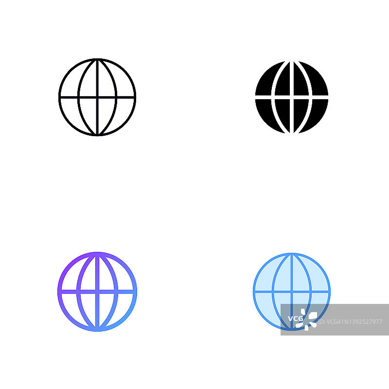 四种风格的全球商务图标设计，描边可编辑。线条、实体、扁平线条和彩色渐变线条。适用于网页、移动应用、UI、UX和GUI设计。图片素材