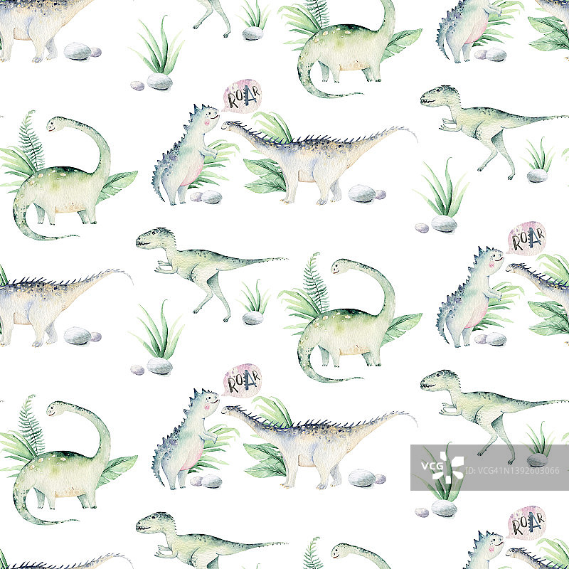 可爱卡通小恐龙无缝图案水彩纸，手绘恐龙背景纹理，儿童趣味艺术图片素材