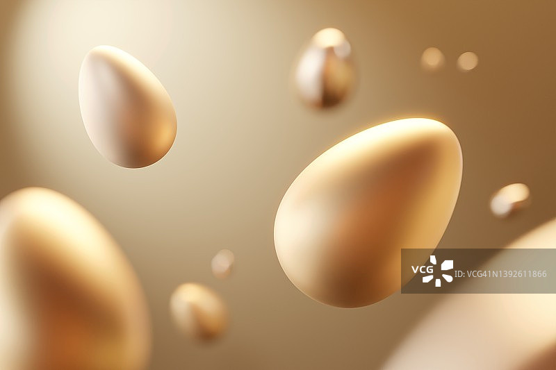 金色背景上飞舞的许多金色复活节彩蛋，具有复制空间的现代豪华复活节背景图片素材