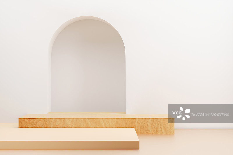 白色墙壁拱门与木制米色陶瓷台阶：极简主义3D背景图片素材