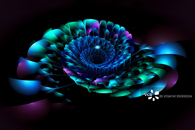 黑色背景上的抽象放射状霓虹漩涡分形花朵插画图片素材