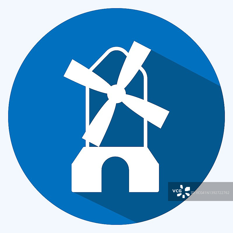 风车图标，适用于花园标志，长阴影风格，简约设计矢量模板图片素材