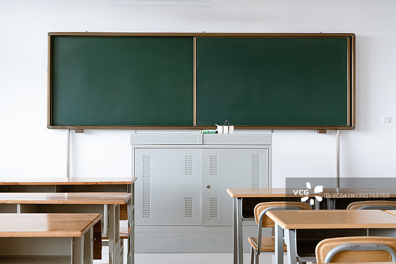 空教室，配有桌子、讲台和黑板图片素材
