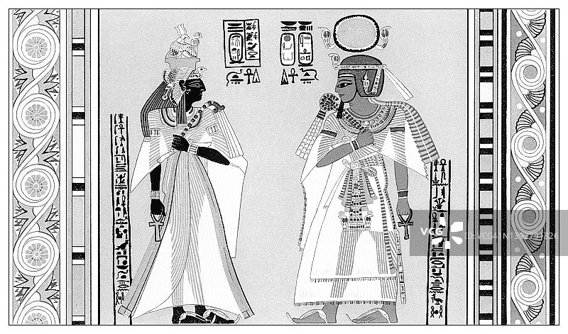 老式彩色石印插图：阿蒙霍特普一世法老和王后阿赫摩斯-内费尔塔莉图片素材