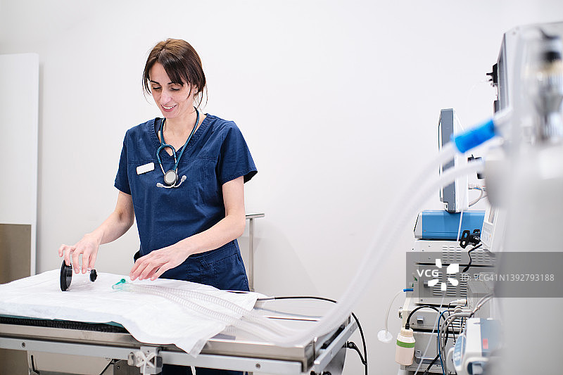 动物医院手术室里兽医为动物准备氧气面罩图片素材