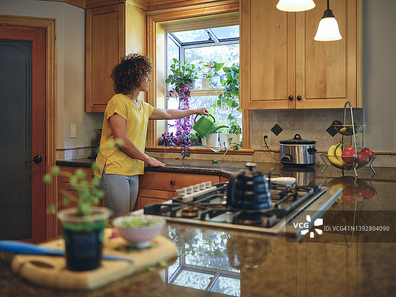 在厨房照料药草园的女人图片素材