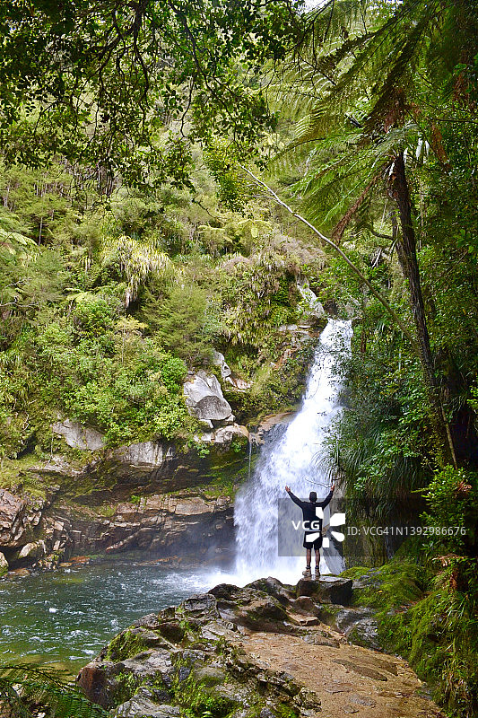 男子在莫图伊卡瀑布前欣赏风景图片素材