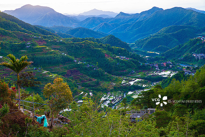 菲律宾伊富高巴纳韦希旺原住民房屋旅馆观景台的巴纳韦梯田景观图片素材