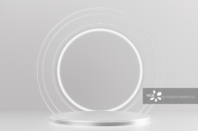 银色讲台，带三个银色圆形框架和磨砂玻璃背景，灰色背景上带有白色霓虹灯，用于产品展示的未来主义3D图图片素材