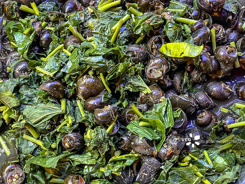 泰国街头小吃：摩托车餐车上烹制的传统蜗牛，提供各种色彩鲜艳的辛辣菜肴，适合通勤者和下班回家的人们图片素材