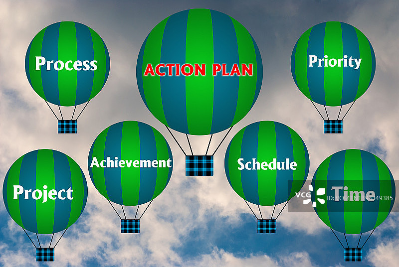 具有行动计划概念的热气球。抽象背景，思考和创造力。3D图图片素材
