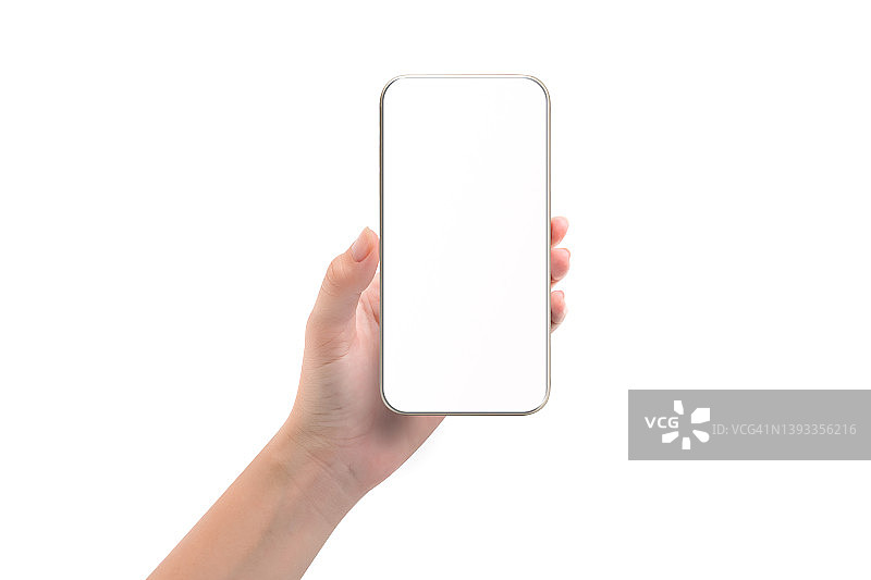 手持白色屏幕智能手机，白色背景图片素材