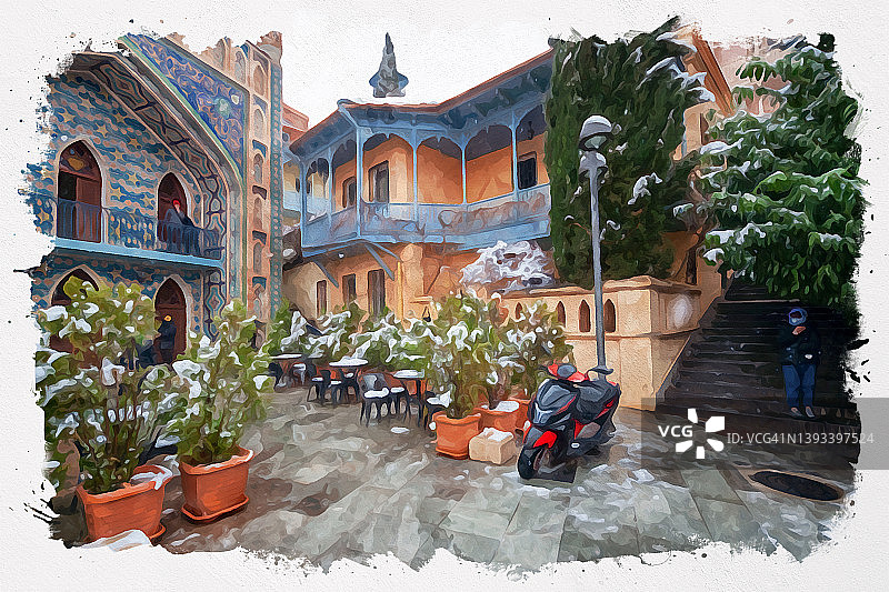 格鲁吉亚首都第比利斯传统欧式城市建筑美景水彩插画图片素材