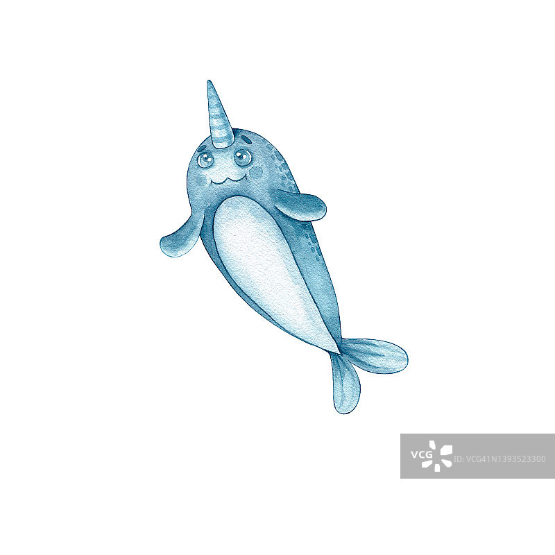 白色背景上的水彩蓝色可爱独角鲸图片素材