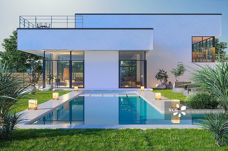 带游泳池和花园的豪华现代别墅外观图片素材