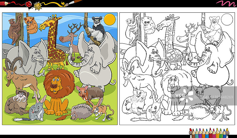 卡通野生动物角色涂色书页图片素材