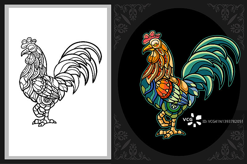 彩色公鸡涂色书艺术，黑色线条素描，黑白背景图片素材