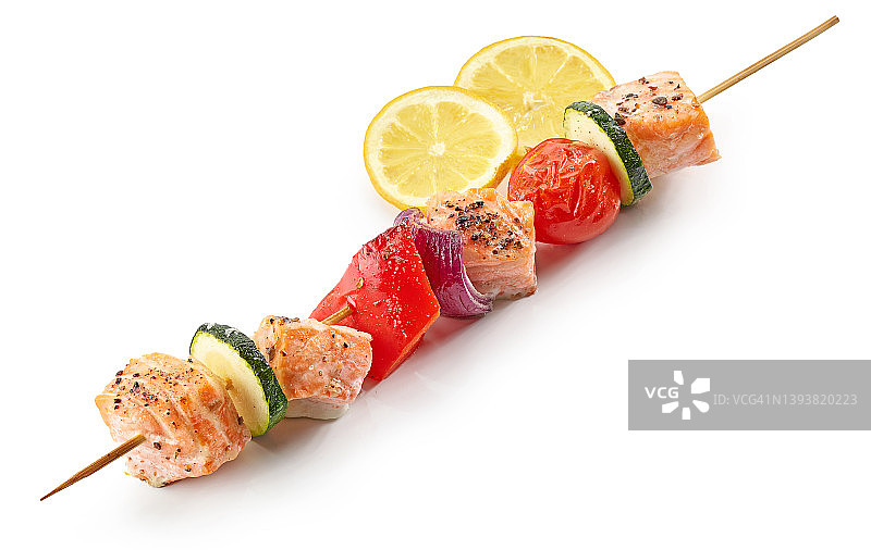烤三文鱼和蔬菜串图片素材