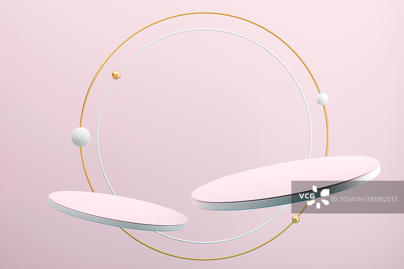 粉色背景上带金色和白色圆形框架的两个粉色悬浮领奖台，用于产品展示的未来主义3D图图片素材