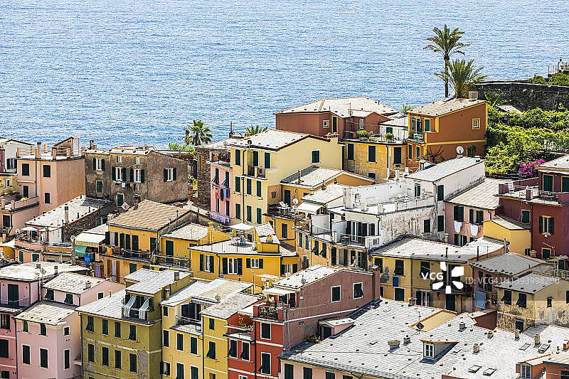 韦尔纳扎村：从爱之路徒步道观赏，五渔村，利古里亚海岸，意大利图片素材