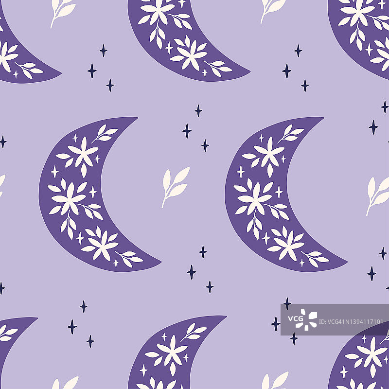 花卉月亮矢量无缝图案图片素材