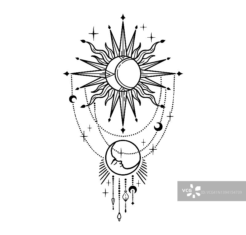 白色背景上的梦幻日月剪贴画，具有魔幻空间物体的Boho天体组合 - 黑白矢量图图片素材