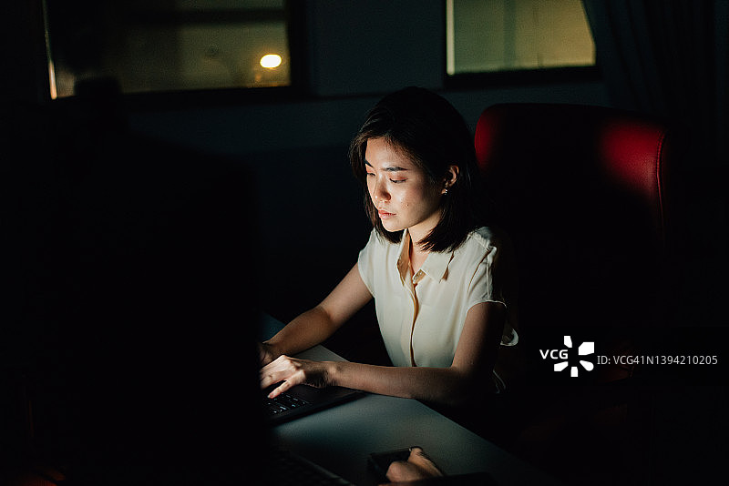 年轻女孩在办公室熬夜工作图片素材