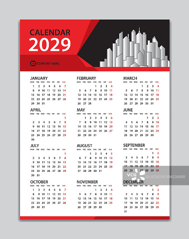 2029年红色多边形背景墙历模板，周一起始图片素材