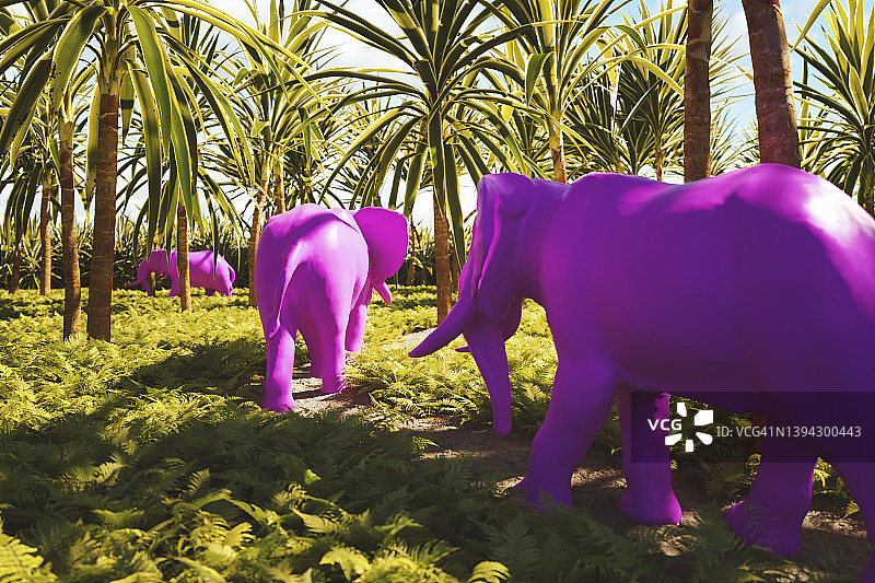 行走在梦幻丛林中的超现实粉色大象图片素材