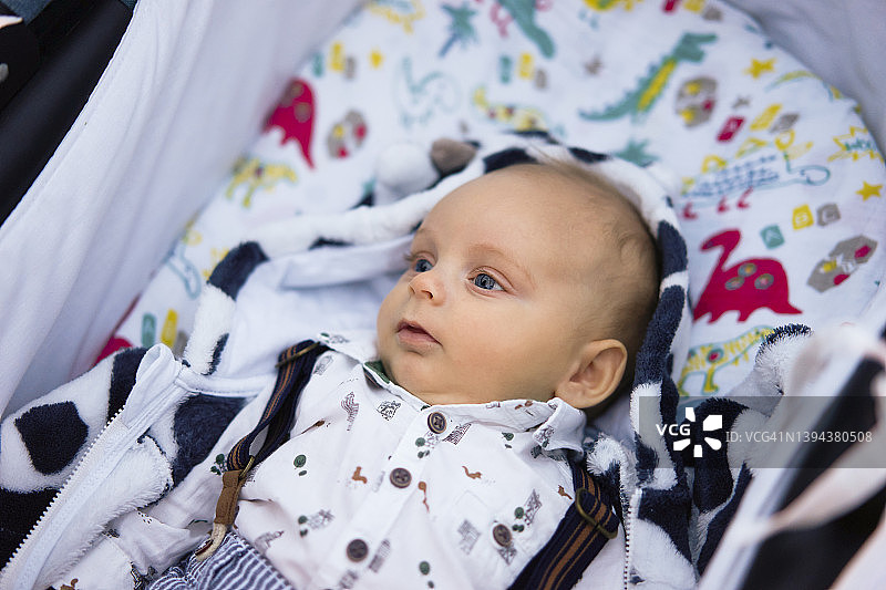 可爱的男孩躺在婴儿车里图片素材