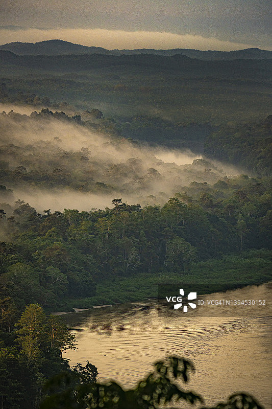 京那巴打岸河与热带雨林晨雾图片素材