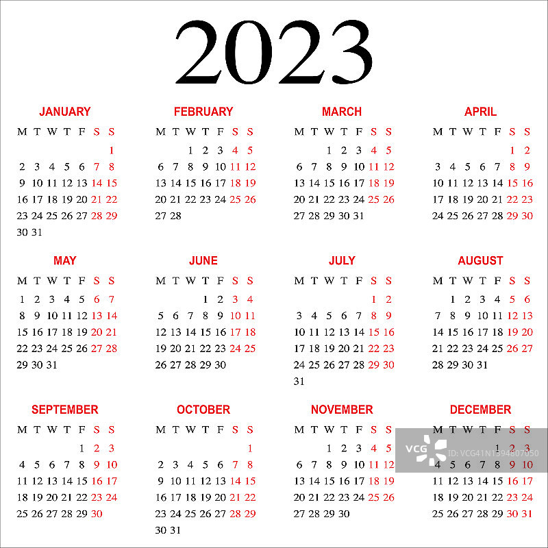 2023年日历，星期日为每周第一天，基础网格图片素材