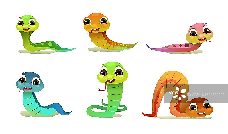 快乐的卡通小蛇合集：可爱的儿童风格角色，白色背景矢量图图片素材