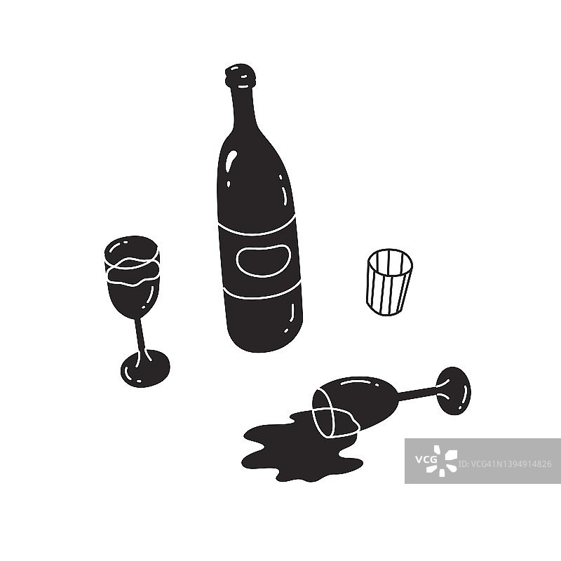 葡萄酒瓶、酒杯和打翻的酒杯：节日餐桌上的酒精饮品黑白卡通矢量图图片素材