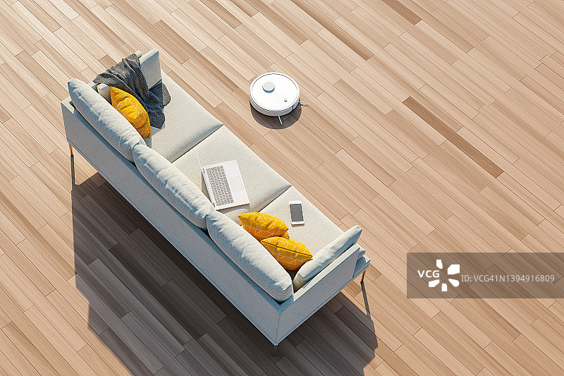 现代客厅中的机器人真空吸尘器，配有沙发、电脑桌面和电话，3D渲染图片素材