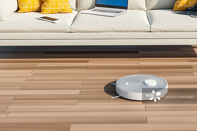 现代客厅中的机器人真空吸尘器，配有沙发、电脑桌面和电话，3D渲染图片素材