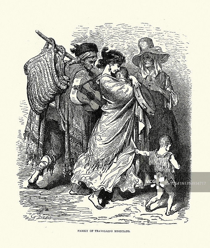 旅行音乐家家庭，格拉纳达，安达卢西亚，西班牙，古斯塔夫·多尔19世纪插图图片素材