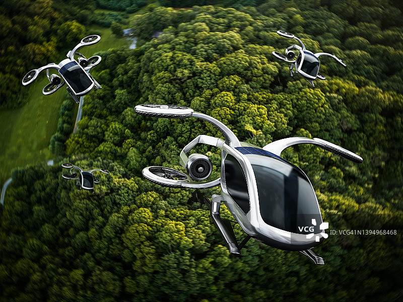 eVTOL（电动垂直起降）概念飞机飞越茂密森林图片素材