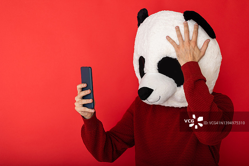 戴着熊猫头套，在手机上看坏消息的焦虑青年男子图片素材
