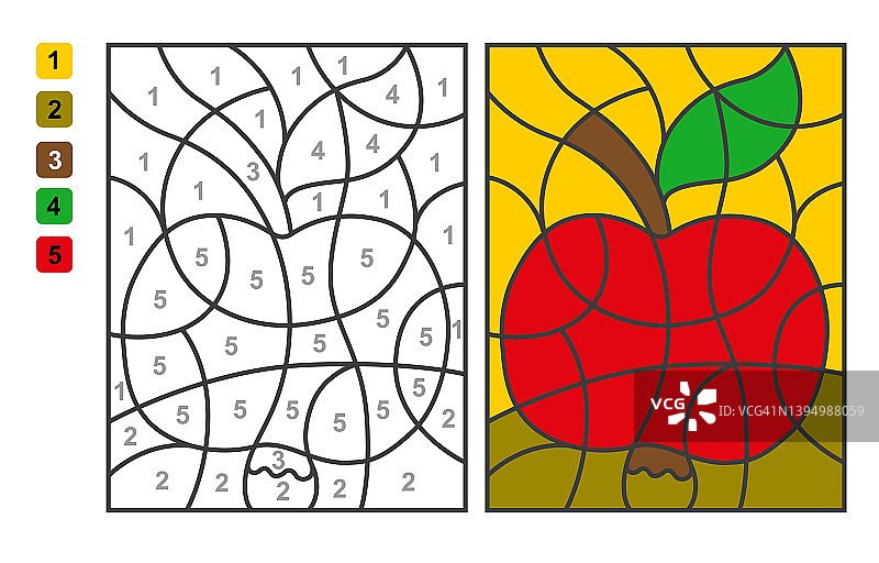 矢量着色页按数字苹果着色。儿童教育和活动的益智游戏图片素材