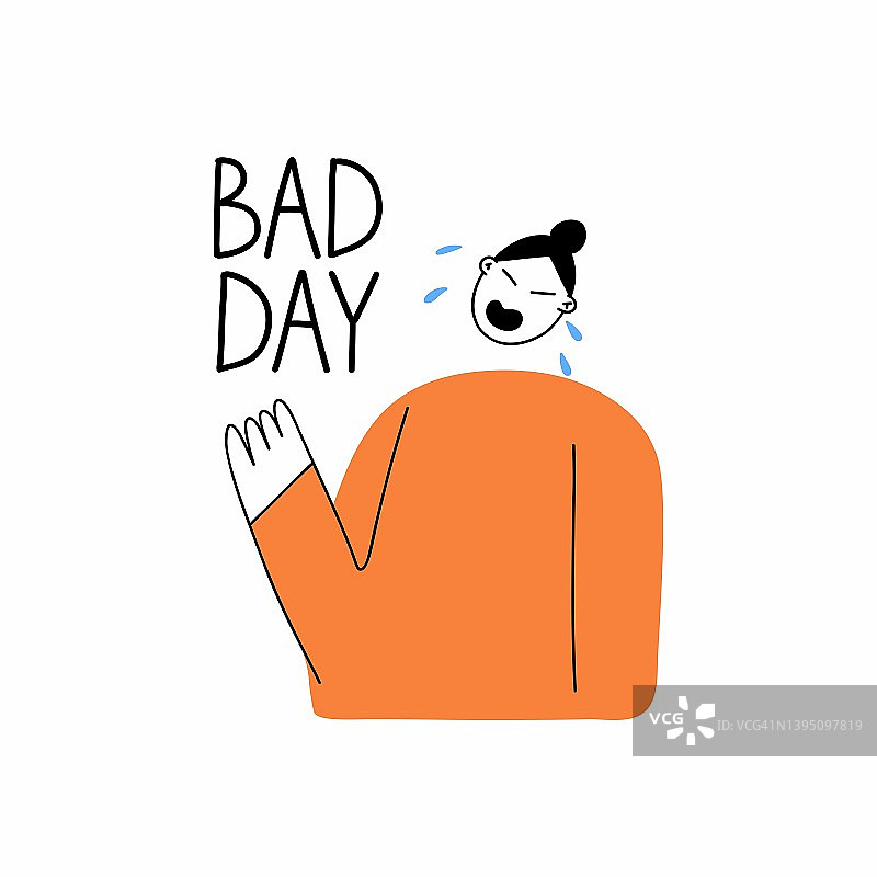 哭泣的女人。沮丧的人，女孩的情绪，悲伤的负面情绪，心理帮助概念，糟糕的一天文字。心理健康。矢量卡通扁平风格孤立插图图片素材