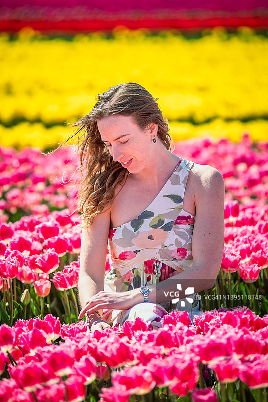 坐在郁金香花田中的荷兰女人图片素材