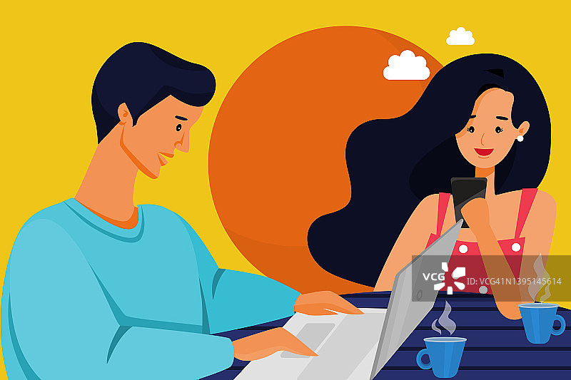 商旅结合插画：情侣户外度假工作图片素材