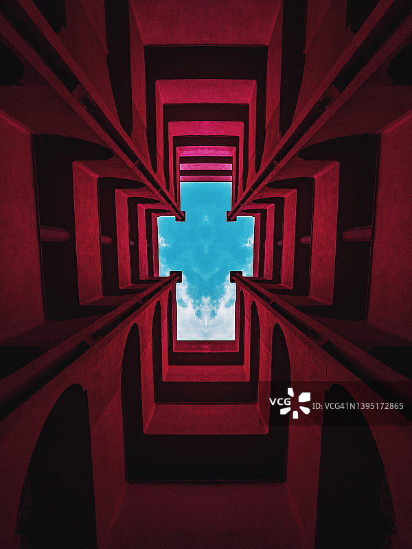 仰视视角下的多层红色建筑设计图片素材